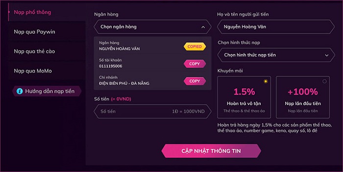 Nạp tiền trên Nbet