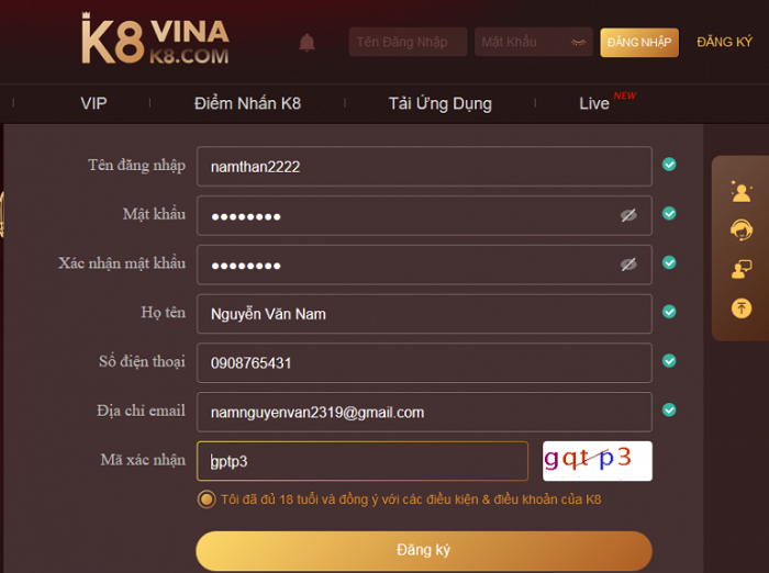 Cách đăng ký tài khoản K8