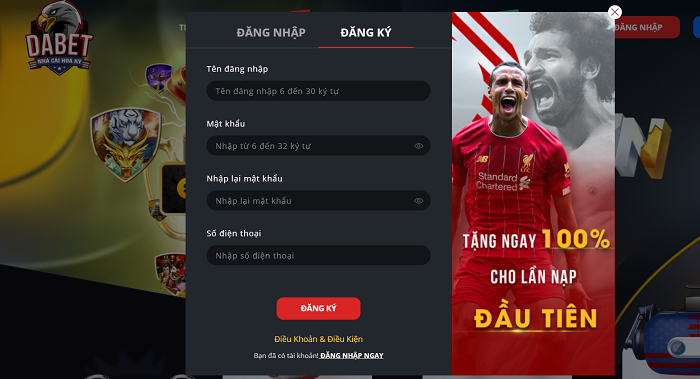 Các bước đăng ký Dabet