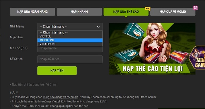 Nạp tiền qua ngân hàng
