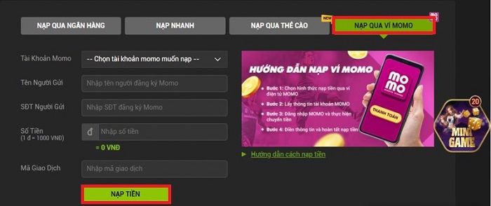 Nạp tiền qua ví Momo