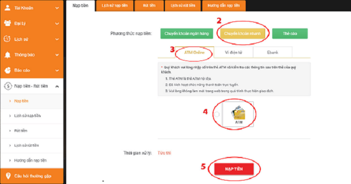 Giao diện nạp tiền đơn giản