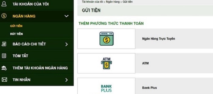 Các cách nạp tiền vào tài khoản