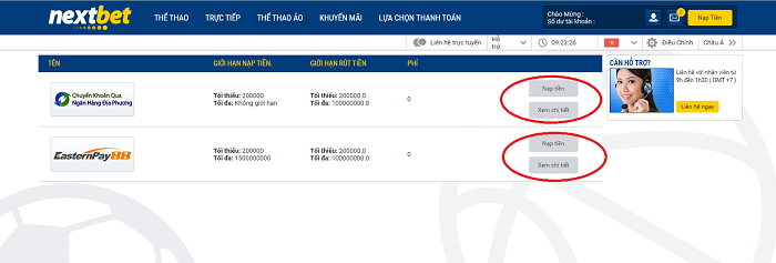 Cách thức nạp tiền vào tài khoản Nextbet