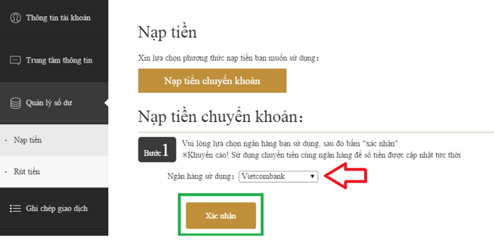Nạp tiền vào tài khoản cá cược