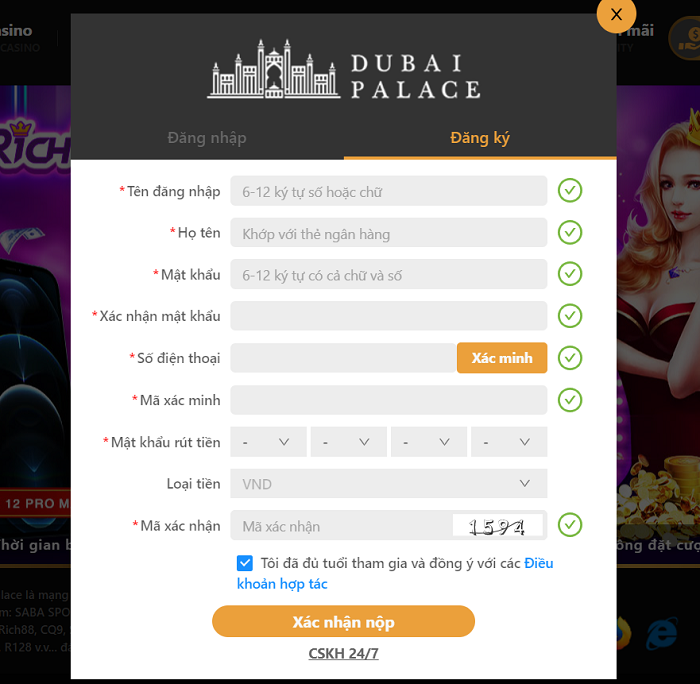 Giao diện đăng ký Dubai Palace