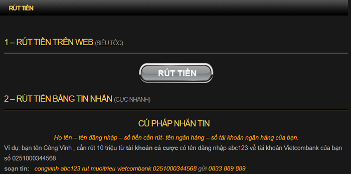 Rút tiền tại Casino889