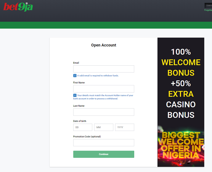 Mở tài khoản để tham gia cá cược tại Bet9ja